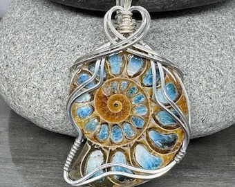 Ammonite Jewelry, Ammonite With Glacierite Inlay, Pendant Necklace Wire Wrapped in Argentium Silver