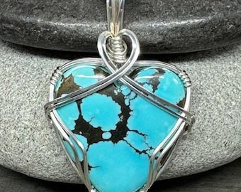 Blue Moon Turquoise Heart Pendant, Argentium Silver Wire Wrapped Necklace