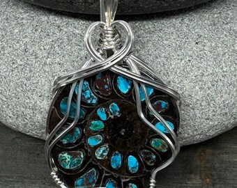 Ammonite Jewelry, Ammonite With Chrysocolla Inlay Pendant Necklace Wire Wrapped in Argentium Silver