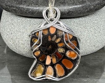 Ammonite Fossil Pendant Necklace, Fire Opal Inlay, Argentium Silver Wire Wrapped