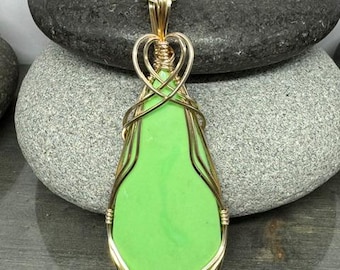 Chrysoprase Jewelry, Chrysoprase Pendant Necklace Wire Wrapped in 14K Gold Filled