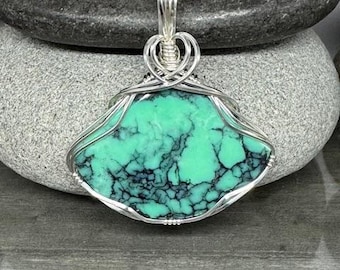 Variscite Cabochon Pendant Necklace, Wire Wrapped Argentium Silver, Handmade Jewelry