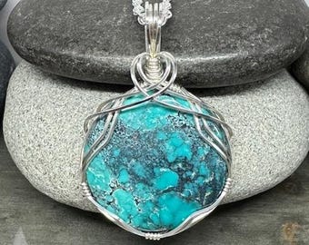 Qinggu Mine Turquoise Pendant, Argentium Silver Wire Wrapped Necklace