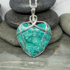 Chrysocolla, Inspiration Mine Chrysocolla Heart Pendant Necklace Wire Wrapped in Argentium Silver, Gift Idea
