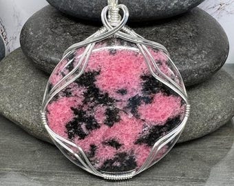 Wire Wrapped Rhodonite Pendant, Argentium Silver, Handmade Necklace