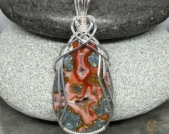 Red Marcasite Agate Pendant Necklace, Argentium Silver Wire Wrapped Jewelry