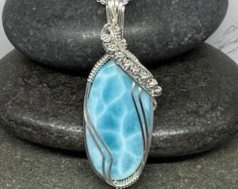Larimar Pendant, Sterling Silver Wire Wrapped Necklace, Teardrop Gemstone Jewelry