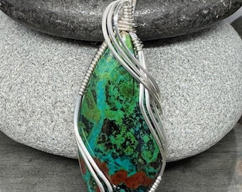 Parrot Wing Chrysocolla Pendant, Argentium Silver Wire Wrapped Jewelry