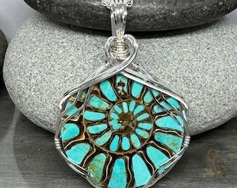 Ammonite Jewelry, Ammonite With Turquoise Inlay, Pendant Necklace Wire Wrapped in Argentium Silver