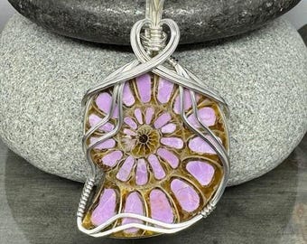 Ammonite Pendant Necklace, Phosphosiderite Inlay, Argentium Silver Wire Wrap