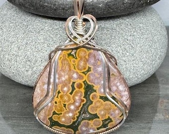 Ocean Jasper Jewelry, Ocean Jasper Pendant Necklace, Wire Wrapped in Argentium Silver and Rose Gold Filled