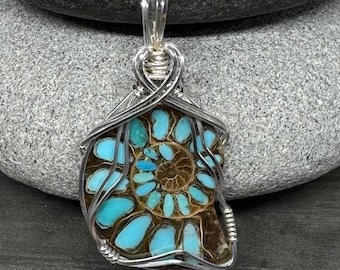 Ammonite Jewelry, Ammonite With Turquoise Inlay, Pendant Necklace Wire Wrapped in Argentium Silver