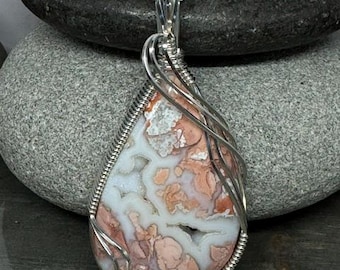 Cotton Candy Agate Pendant Necklace, Argentium Silver Wire Wrapped Jewelry
