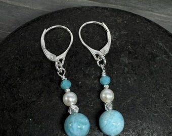 Larimar Earrings, Genuine Larimar Beads on Sterling Silver Leverbacks