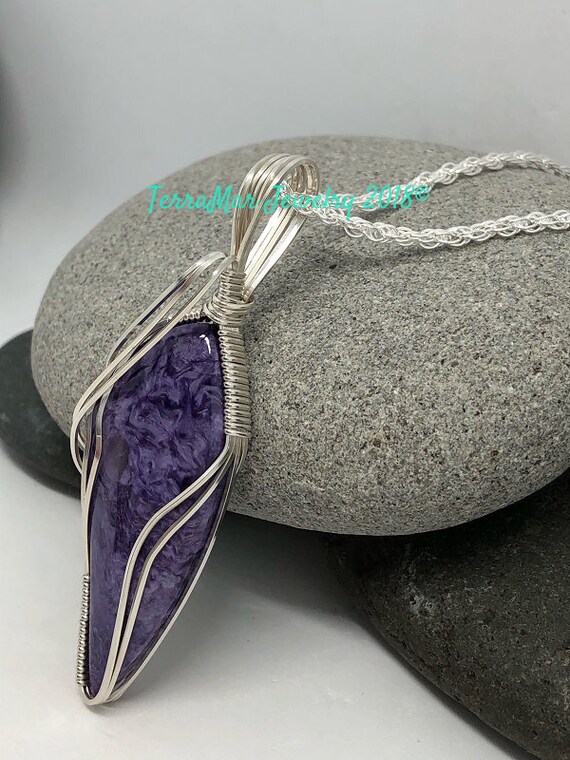 Purple Charoite Pendant Necklace, Includes Rope Chain Sterling Silver Purple Charoite Pendant Necklace, Includes Rope Chain Sterling Silver