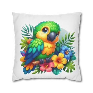 Funda de almohada con diseño de loro tropical: adorable loro de dibujos animados en una rama con flores, ideal para habitaciones de niños y amantes de las aves, funda de almohada para dormitorio