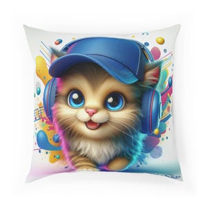 Adorable Kitten Pillow with Blue Cap & Headphones- Cute Cartoon Cat Cushion for Kids, Colorful Music-Themed Decor, Fun and Cozy Cushion Gift