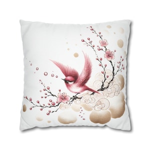 Funda de almohada con diseño de pájaro en flor rosa, decoración floral para el hogar, funda de cojín con diseño de arte japonés, pájaro en flor de ciruelo, almohada decorativa suave, funda de almohada decorativa