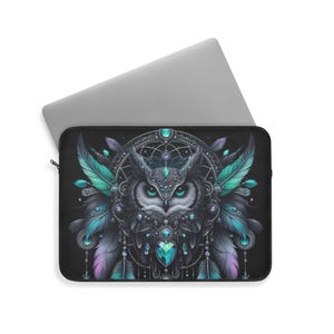Boho Owl Laptop Sleeve with Dreamcatcher Design, Mystical Feather Art Case, 13” 15” Protective Cover, Unique Tribal Laptop Accessory Gift