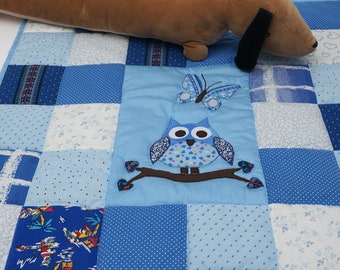 Blue Crib Quilt,  Owl and Butterfly Baby Patchwork Quilt, Baby Boy Patchwork Blanket, Handmade Gift for Newborn, Nursery Bedding