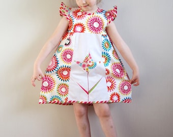 Patchwork Dress, Flower Girl Dress, Colourful Summer Dress, Toddler Dress with Short Sleeves, Modern Girls Dress.
