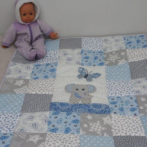 Elephant Patchwork Baby Quilt, Blue, White & Gray Cotton Crib Blanket, Handmade Newborn Bedding, Baby Boy Gift