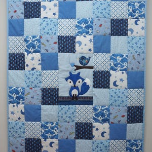 Blue Patchwork Baby Quilt, Fox and Bird Handmade Bedding