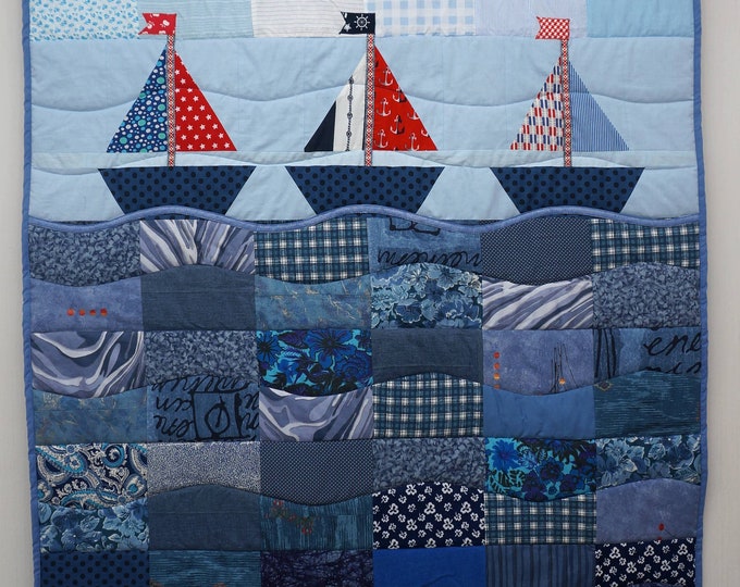 Blue Patchwork Quilt With Sailboats, Nautical Quilt, Nursery Bed Cover