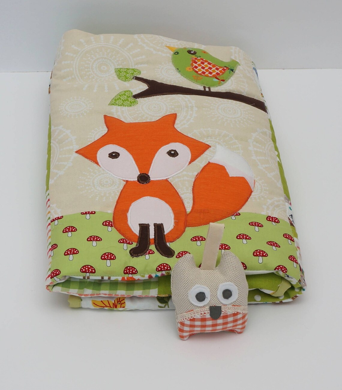 Baby Blanket, Fox Quilt, Green and Orange Baby Quilt, Handmade