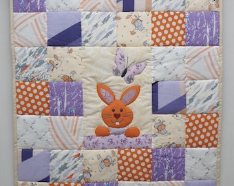 Baby Crib Quilt, Purple, Orange and Beige tones Patchwork Baby Blanket, Handmade Rabbit Quilt, Rabbit Year Baby Shower Gift, Unisex Quilt