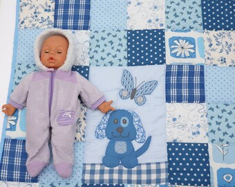Crib Quilt, Baby Boy Quilt, Blue Patchwork Blanket, Handmade, Gift for Boy, Baby shower Gift, Dog Applique Quilt, Nursery Bedding