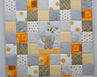 Grey and Yellow Patchwork Toddler/Baby Blanket, Elephant and Butterfly Quilt, Handmade Patchwork Bedcover, First Birthday Gift, Unisex Quilt