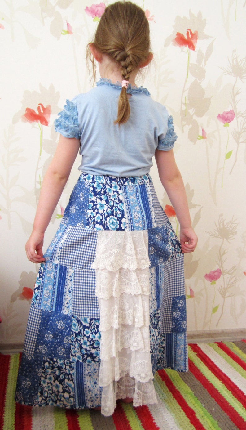 Patchwork Skirt, Girls Summer Skirt, Romantic Blue Skirt, Girls Maxi Skirt, Toddlers Birthday Skirt, Handmade Skirt, Original kids skirt image 1