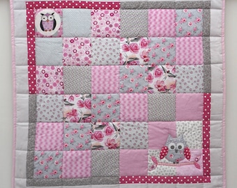 Baby Crib Quilt, Pink and Grey Patchwork Blanket, Owl Baby Bedding, Gift for Newborn, Handmade Nursery Quilt, Baby Shower Gift