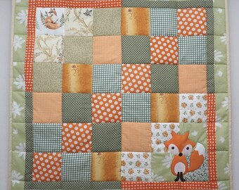 Fox Quilt, Baby Patchwork Blanket, Handmade Crib Quilt, Newborn Baby Bedding, Orange and Green tones Crib Quilt, Baby Shower Gift, Unisex