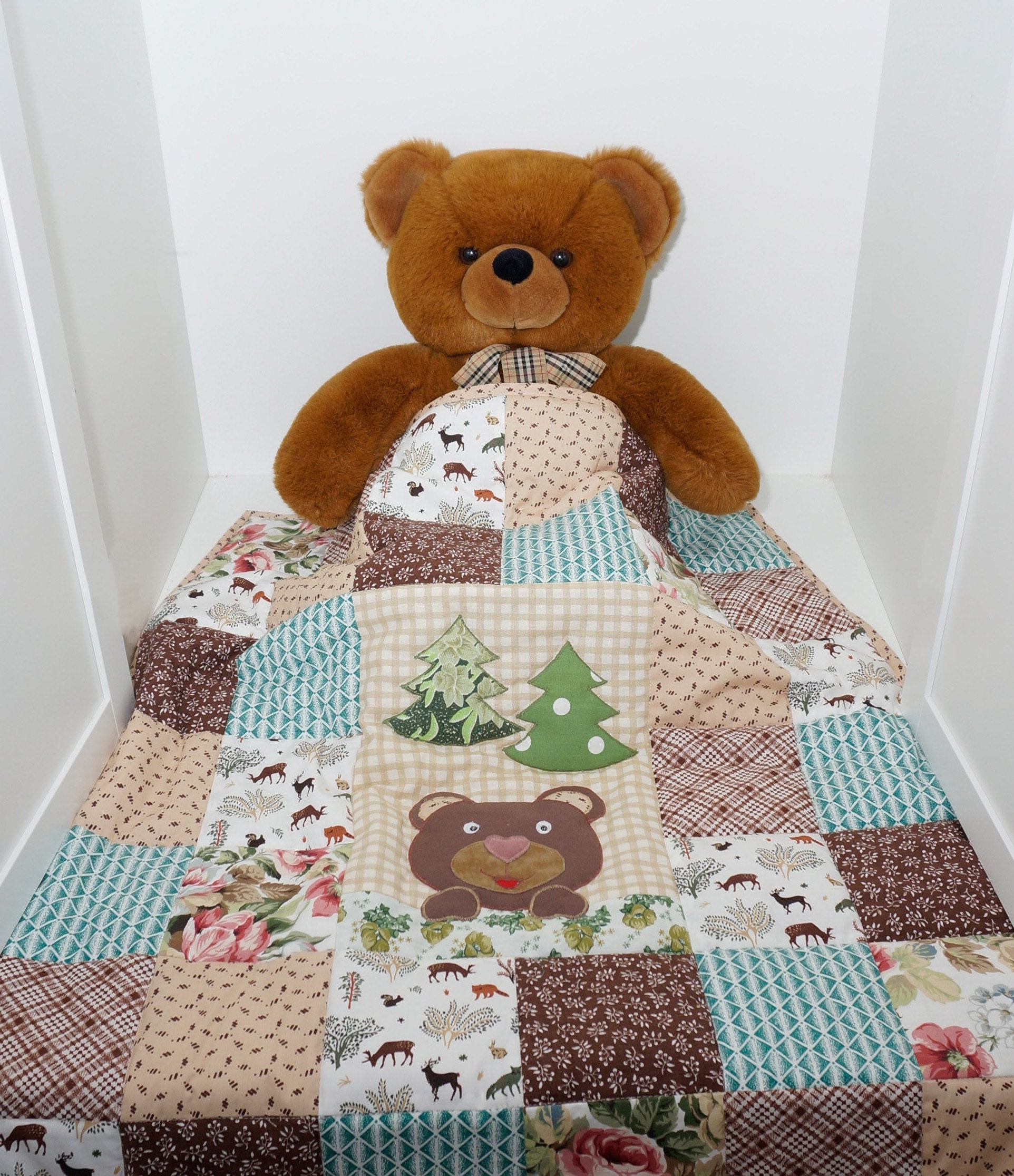 Patchwork Baby Blanket Teddy Bear Quilt Neutral Tones Crib Etsy