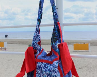 Sac de plage en patchwork fait main : cabas bohème bleu et rouge nautique