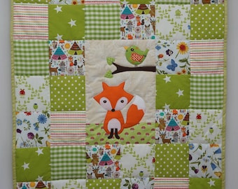 Baby Blanket, Fox Quilt, Green and Orange Baby Quilt,  Handmade Patchwork Blanket, Crib Quilt, Baby Shower Gift, Newborn Gift