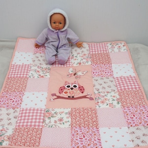 Pink Owl Crib Quilt, Handmade Patchwork Newborn Blanket, Baby Girl Bedding