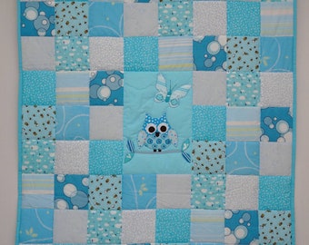 Blue Patchwork Blanket, Toddler/ Baby Bedding, Owl Quilt, Handmade Bed Cover, Nursery Decore, Baby Shower Gift, Birthday Gift for Boy