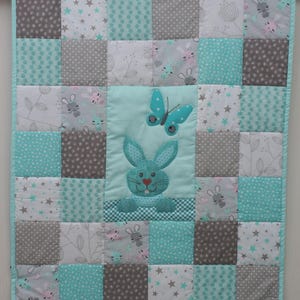 Rabbit baby quilt, Patchwork Baby Blanket, Rabbit and Butterfly Quilt, Grey and Mint Tones Crib Quilt, Unisex Baby Bedding, Crawling Blanket