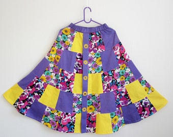 Girls Patchwork Skirt, Colorful Purple and Yellow Skirt, Girls Maxi Skirt, Toddlers Birthday Skirt, Floral Summer Skirt, Handmade Skirt
