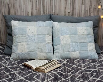 Two White Decorative Pillow Covers, Patchwork Pillow, Handmade Unique Bedroom Decore, Romantic Throw Pillows, Reuse Jersey Pillow Cushions