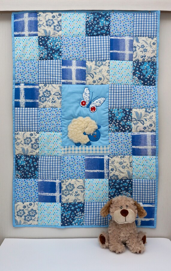 Blue Crib Quilt Baby Boy Quilt Blue Patchwork Blanket Etsy