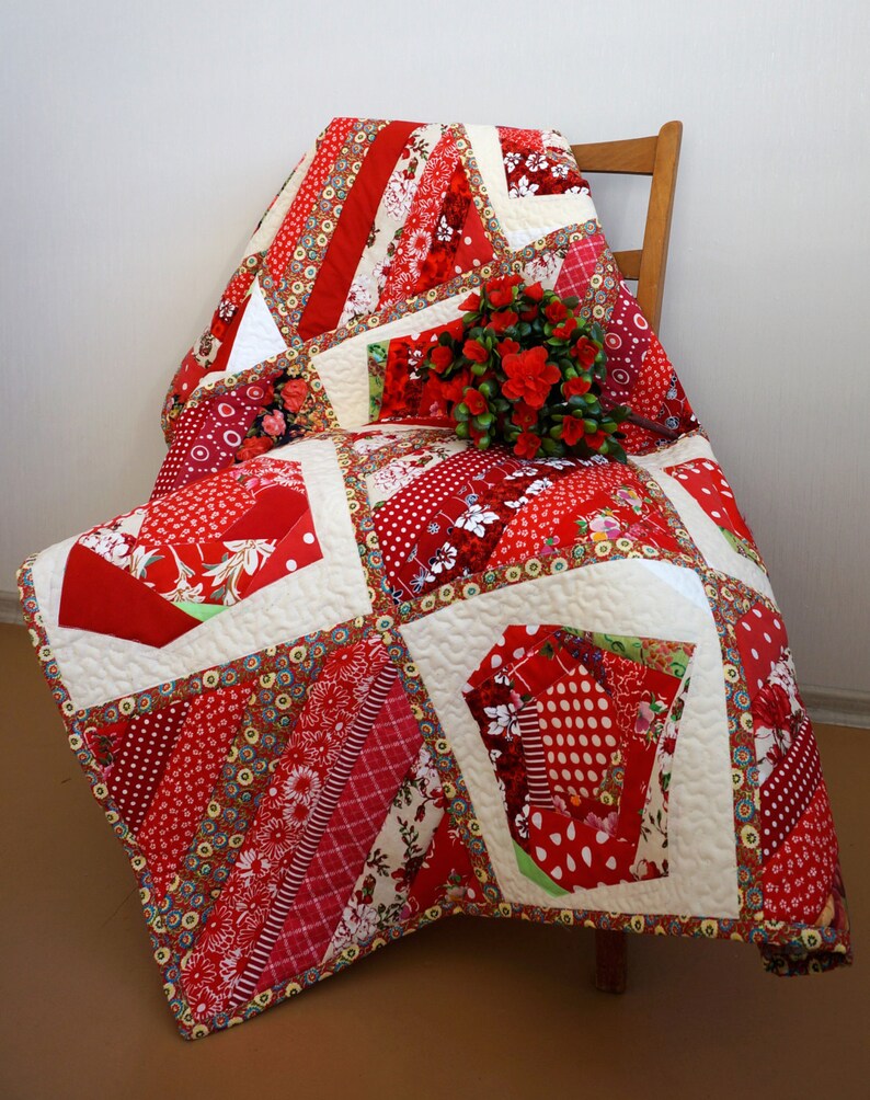 Red Patchwork Quilt Lap Quilt Single Bed Quilt Summer Etsy
