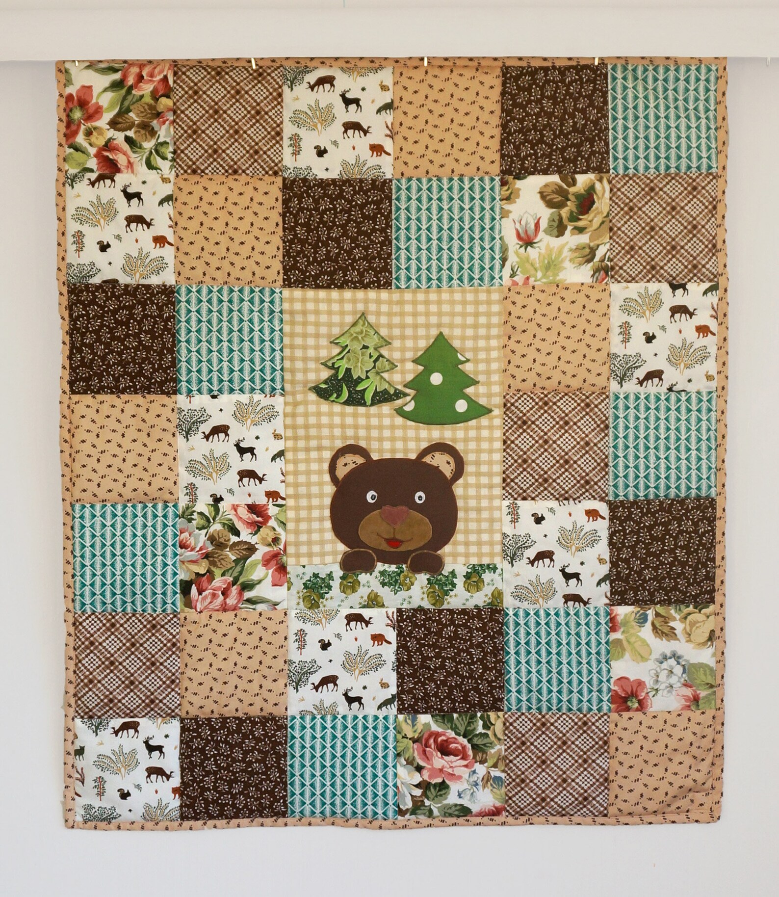 Patchwork Baby Blanket Teddy Bear Quilt Neutral Tones Crib Etsy