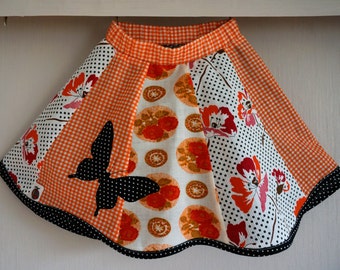 Little Girls Summer Skirt, Patchwork Twirl Skirt, Orange Butterfly Skirt, Girls Midi Skirt Size 4