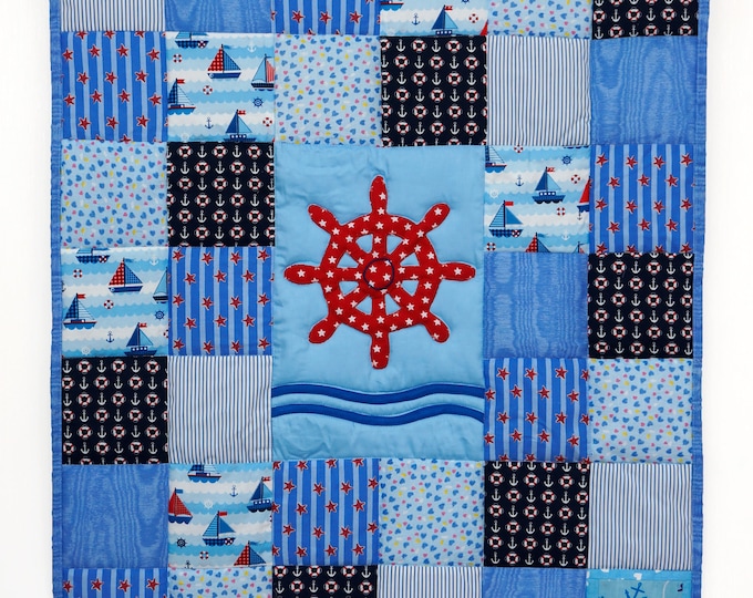 Nautical Quilt, Blue Baby Blanket, Baby Boy Quilt, Patchwork Quilt, Children Blanket, Sailboat