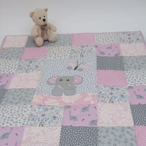 Patchwork Baby Quilt, Pink and Grey Elephant Newborn Blanket, Handmade Baby Girl Nursery Bedding, Small Crib Quilt