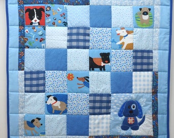 Dog Pattern Blue Baby Quilt, Patchwork Blanket for Baby Boy, Puppy Dog Blanket, Handmade Crib Quilt, Nursery Bedding, Baby Sleeping Blanket